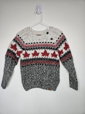 Canadiana Toddler Boy Girl Maple Leaf Fair Isle Knit Sweater 5T Grey Red White🩷